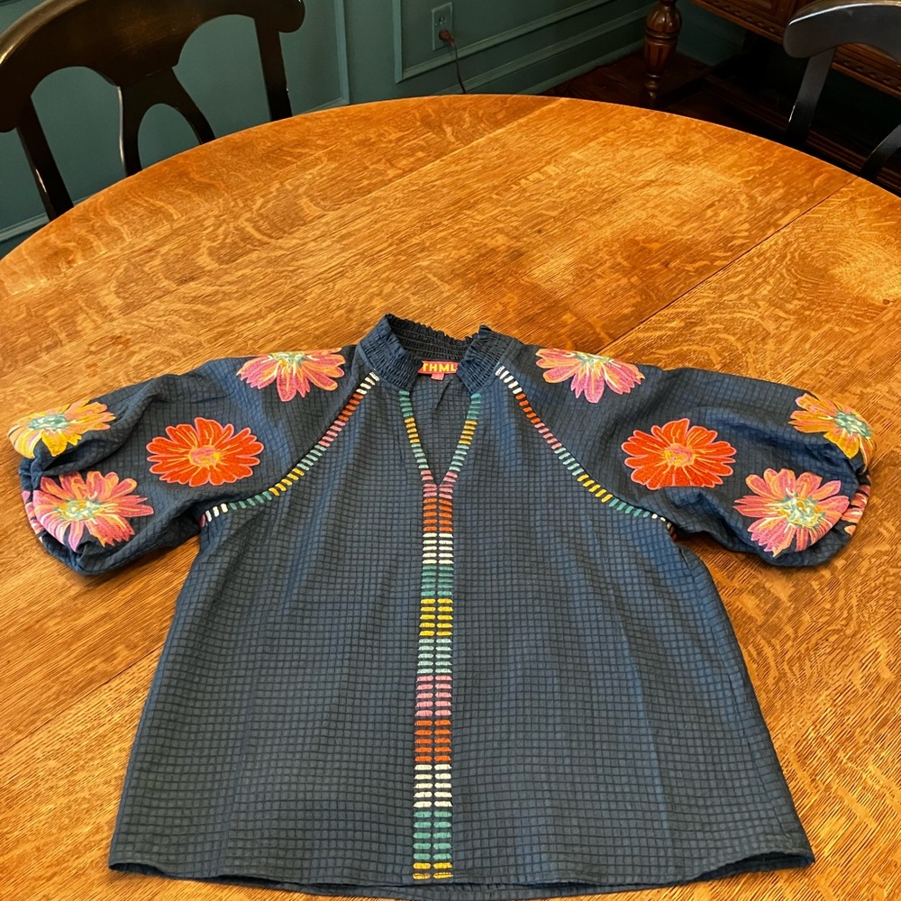 THML Navy Blouse with Multicolor Floral Embroidery